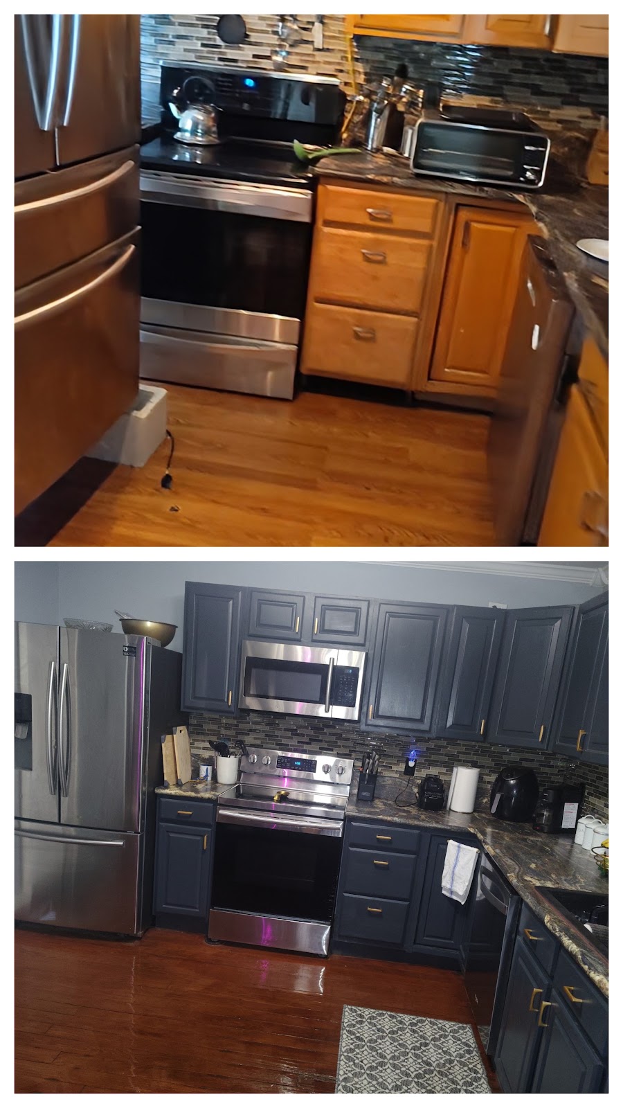 Kitchen cabinets before (top) and after (bottom)