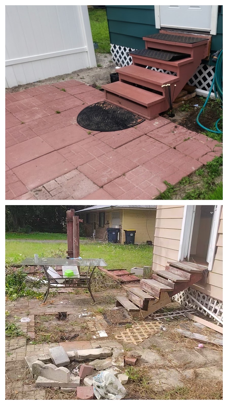 Backyard steps and patio before (top) and after (bottom)