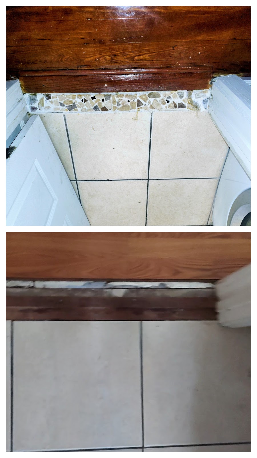 Tile and trim before (top) and after (bottom)